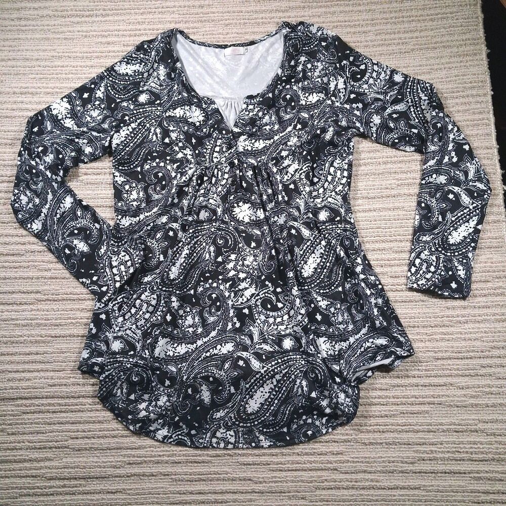 ​HALIFE PAISLEY BOHO BLOUSE BLACK WHITE LONG SLEEVE V-NECK PLEATED TUNIC TOP M